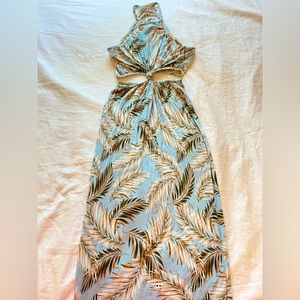 Feather Print Blue Midi Dress - Size Medium - Blue Sundress